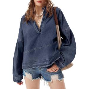 imagechouyatou Womens Vintage VNeck Denim Pullover Tops Distressed Collarless Oversized Jean Shirt JacketsDark Blue