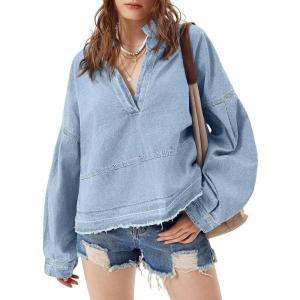 imagechouyatou Womens Vintage VNeck Denim Pullover Tops Distressed Collarless Oversized Jean Shirt JacketsLight Blue