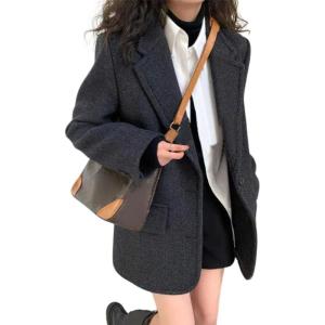 imagechouyatou Womens Vintage Wool Blend Casual Business Blazer Jacket Notch Lapel Dressy Work Trench CoatBlack