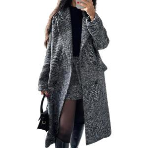 imagechouyatou Womens Winter Casual Herringbone Wool Coat Double Breasted Notch Collar Dressy Long Trench CoatGrey