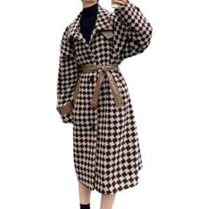 imagechouyatou Womens Winter Elegant Plaid Wool Blend Overcoat Lapel Vintage Mid Long Trench Coat with BeltCoffee