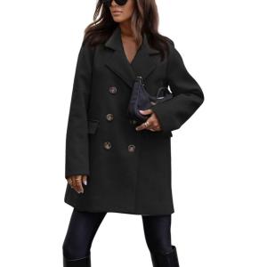 imagechouyatou Womens Winter Lapel Collar Double Breasted Office Work Wool Blend Trench Pea Coat OvercoatBlack