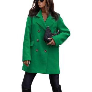 imagechouyatou Womens Winter Lapel Collar Double Breasted Office Work Wool Blend Trench Pea Coat OvercoatGreen
