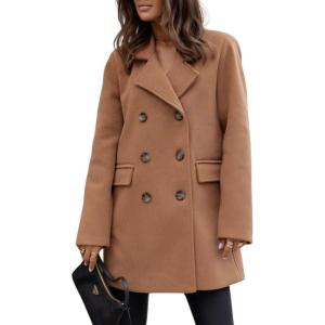 imagechouyatou Womens Winter Lapel Collar Double Breasted Office Work Wool Blend Trench Pea Coat OvercoatKhaki