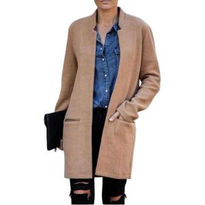 imagechouyatou Womens Winter Notched Collar Open Front Wool Coat Midi Long Business Casual Wool Pea CoatCamel
