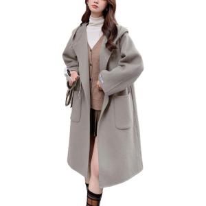 imagechouyatou Womens Winter Open Front Wool Coat Causal Hooded Mid Long Trench Coat Overcoat with PocketsApricot Grey