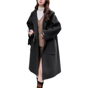 imagechouyatou Womens Winter Open Front Wool Coat Causal Hooded Mid Long Trench Coat Overcoat with PocketsBlack