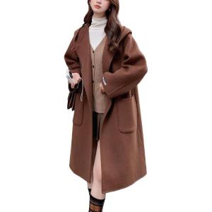imagechouyatou Womens Winter Open Front Wool Coat Causal Hooded Mid Long Trench Coat Overcoat with PocketsBrown