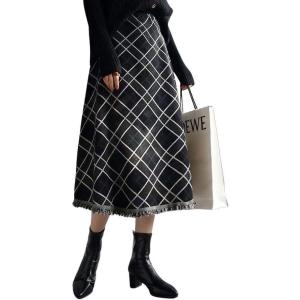 imagechouyatou Womens Winter Plaid Knit Skirt Tassel Hem High Elastic Waist Swing Midi Long SkirtBlack