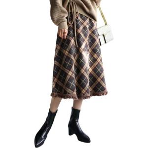 imagechouyatou Womens Winter Plaid Knit Skirt Tassel Hem High Elastic Waist Swing Midi Long SkirtCoffee