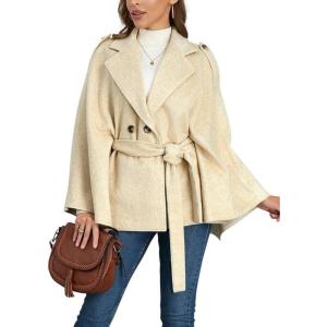 imagechouyatou Womens Winter Poncho Wool Coat Double Breasted Casual Loose Wool Blend Cape Cloak CoatApricot