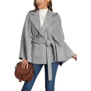 imagechouyatou Womens Winter Poncho Wool Coat Double Breasted Casual Loose Wool Blend Cape Cloak CoatGrey