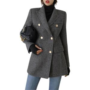 imagechouyatou Womens Winter Wool Casual Blazer Jacket Work Notch Lapel Trench Coat Double Breasted Pea CoatGrey