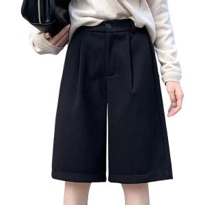 imagechouyatou Womens Winter Wool Wide Leg Shorts High Elastic Waist Dressy Casual Bermuda Shorts with PocketsBlack