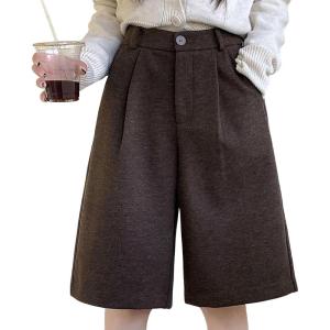 imagechouyatou Womens Winter Wool Wide Leg Shorts High Elastic Waist Dressy Casual Bermuda Shorts with PocketsCoffee