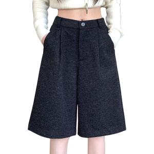 imagechouyatou Womens Winter Wool Wide Leg Shorts High Elastic Waist Dressy Casual Bermuda Shorts with PocketsDark Gray