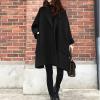 imagechouyatou Womens Casual Oversized Open Front Wool Overcoat Elegant Loose Notch Lapel Coat with PocketsBlack