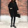 imagechouyatou Womens Casual Oversized Open Front Wool Overcoat Elegant Loose Notch Lapel Coat with PocketsBlack