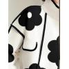 imagechouyatou Womens Cute Flower Printed Wool Blend Trench Coat Stand Collar Color Block Loose Jacket CoatBlack White