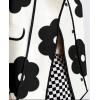 imagechouyatou Womens Cute Flower Printed Wool Blend Trench Coat Stand Collar Color Block Loose Jacket CoatBlack White