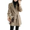 imagechouyatou Womens Elegant Notched Collar Coat Single Breasted Formal Office Wool Blend Overcoat with BeltKhaki