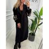 imagechouyatou Womens Leopard Print Knit Sleeve Wool Trench Coat Notched Lapel Double Breasted Long Pea CoatBlack