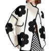 imagechouyatou Womens Cute Flower Printed Wool Blend Trench Coat Stand Collar Color Block Loose Jacket CoatBlack White