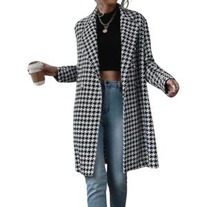 imagechouyatou Women Winter Houndstooth Wool Blend Trench Coat Notch Lapel Warm Long Double Breasted PeacoatBlack