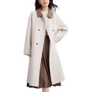 imagechouyatou Womens Business Casual Double Breasted Wool Coat Turn Down Collar Midi Long Winter Trench CoatBeige