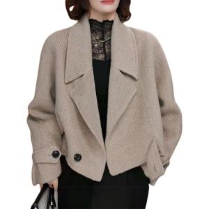 imagechouyatou Womens Business Casual Wool Trench Coat Notch Lapel Loose Dressy Crop Short Blazer Jacket CoatApricot