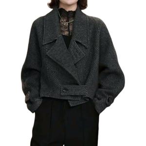imagechouyatou Womens Business Casual Wool Trench Coat Notch Lapel Loose Dressy Crop Short Blazer Jacket CoatBlack