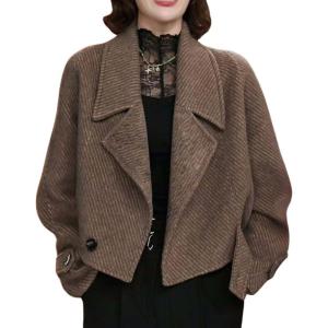 imagechouyatou Womens Business Casual Wool Trench Coat Notch Lapel Loose Dressy Crop Short Blazer Jacket CoatCoffee