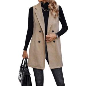 imagechouyatou Womens Casual Double Breasted Long Wool Vest Notched Lapel Sleeveless Wool Blend Trench Pea CoatApricot