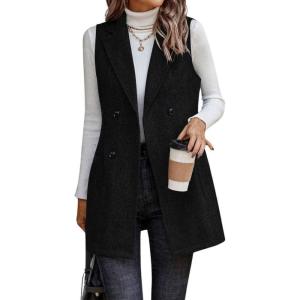 imagechouyatou Womens Casual Double Breasted Long Wool Vest Notched Lapel Sleeveless Wool Blend Trench Pea CoatBlack
