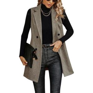 imagechouyatou Womens Casual Double Breasted Long Wool Vest Notched Lapel Sleeveless Wool Blend Trench Pea CoatCoffee
