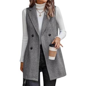 imagechouyatou Womens Casual Double Breasted Long Wool Vest Notched Lapel Sleeveless Wool Blend Trench Pea CoatGray