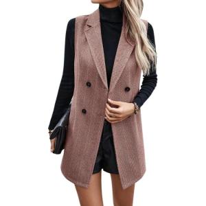 imagechouyatou Womens Casual Double Breasted Long Wool Vest Notched Lapel Sleeveless Wool Blend Trench Pea CoatWine Red
