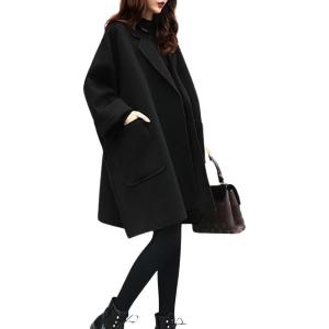 imagechouyatou Womens Casual Oversized Open Front Wool Overcoat Elegant Loose Notch Lapel Coat with PocketsBlack