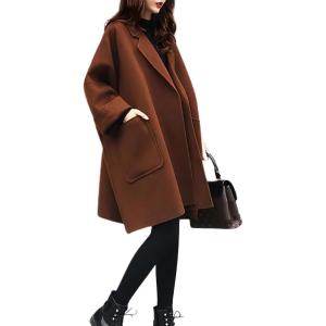imagechouyatou Womens Casual Oversized Open Front Wool Overcoat Elegant Loose Notch Lapel Coat with PocketsBrown