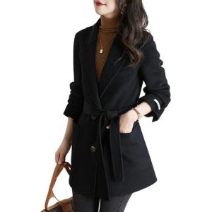 imagechouyatou Womens Elegant Notched Collar Coat Single Breasted Formal Office Wool Blend Overcoat with BeltBlack