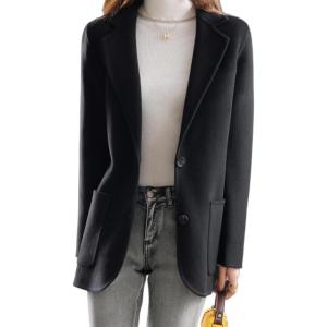 imagechouyatou Womens Fall Elegant Notch Lapel Wool Coat Single Breasted Button Up Winter Pea Coat OvercoatBlack