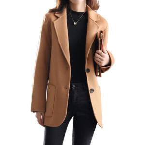imagechouyatou Womens Fall Elegant Notch Lapel Wool Coat Single Breasted Button Up Winter Pea Coat OvercoatCamel