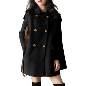 imagechouyatou Womens Fall Winter Knit Splicing Lapel Overcoat Mid Long Double Breasted Pea Coat Wool Blend Trench CoatBlack