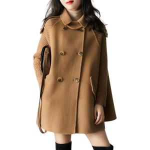 imagechouyatou Womens Fall Winter Knit Splicing Lapel Overcoat Mid Long Double Breasted Pea Coat Wool Blend Trench CoatBrown