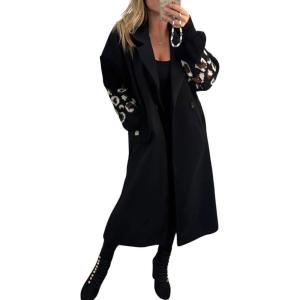 imagechouyatou Womens Leopard Print Knit Sleeve Wool Trench Coat Notched Lapel Double Breasted Long Pea CoatBlack