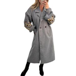 imagechouyatou Womens Leopard Print Knit Sleeve Wool Trench Coat Notched Lapel Double Breasted Long Pea CoatGray