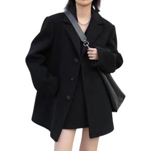 imagechouyatou Womens Oversized Wool Blend Casual Business Blazer Jacket Notch Lapel Dressy Work Trench CoatBlack