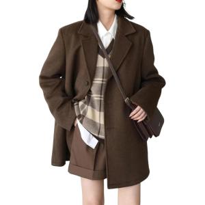 imagechouyatou Womens Oversized Wool Blend Casual Business Blazer Jacket Notch Lapel Dressy Work Trench CoatBrown