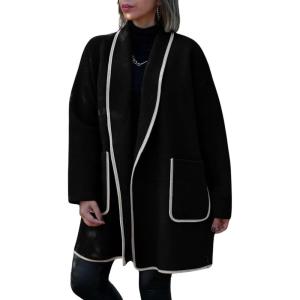 imagechouyatou Womens Winter Casual Shawl Collar Wool Coat Loose Open Front Trench Coat CardiganBlack