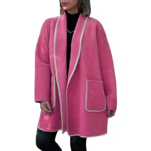 imagechouyatou Womens Winter Casual Shawl Collar Wool Coat Loose Open Front Trench Coat CardiganHot Pink